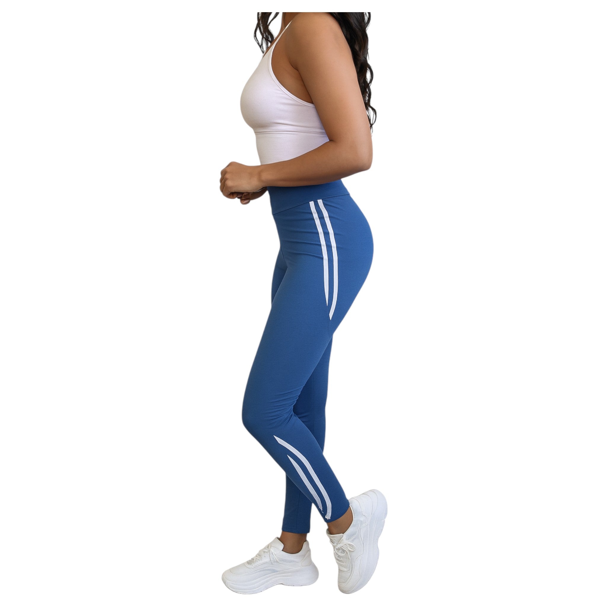 Women’s blue high waisted leggings with side stripes, stretchy gym and casual wear